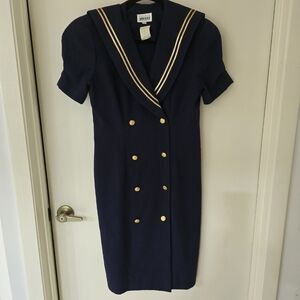 Leslie Fay Navy Blue Midi Dress with Gold Accents